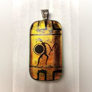 Vintage Dichroic Fused Glass Black Warrior Pendant Greek Gold Amber Shimmer